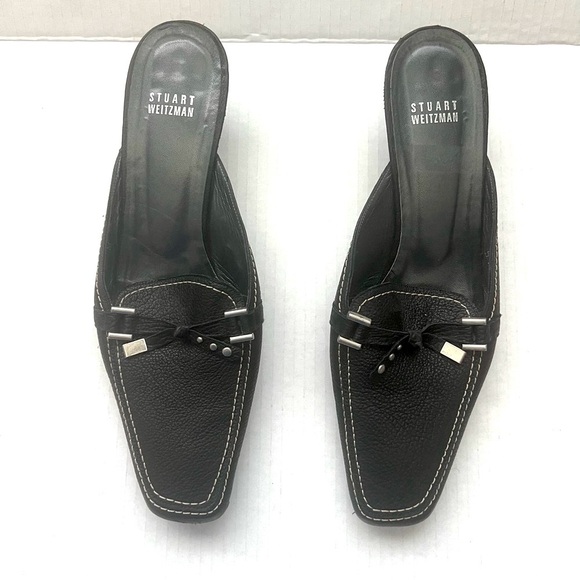 Stuart Weitzman Pebbled Leather Kitten Heels BLK SZ 10M Classic Mules Casual - Picture 1 of 12